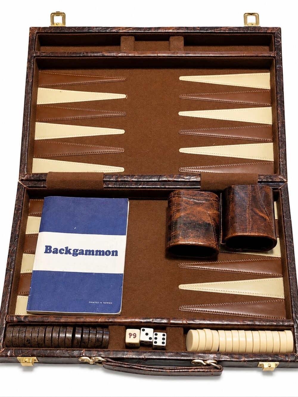 Vintage Backgammon Set Brown Faux Leather Briefcase Complete Dice Cups Checkers